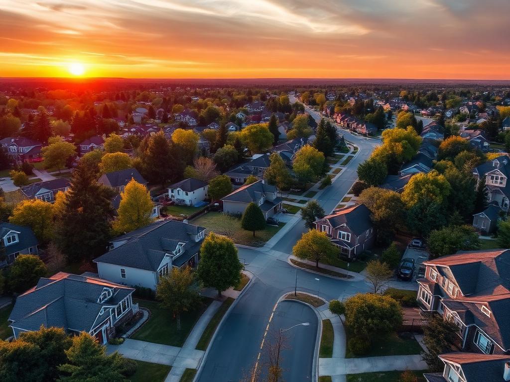 Aerial view of a suburban neighborhood at sunset