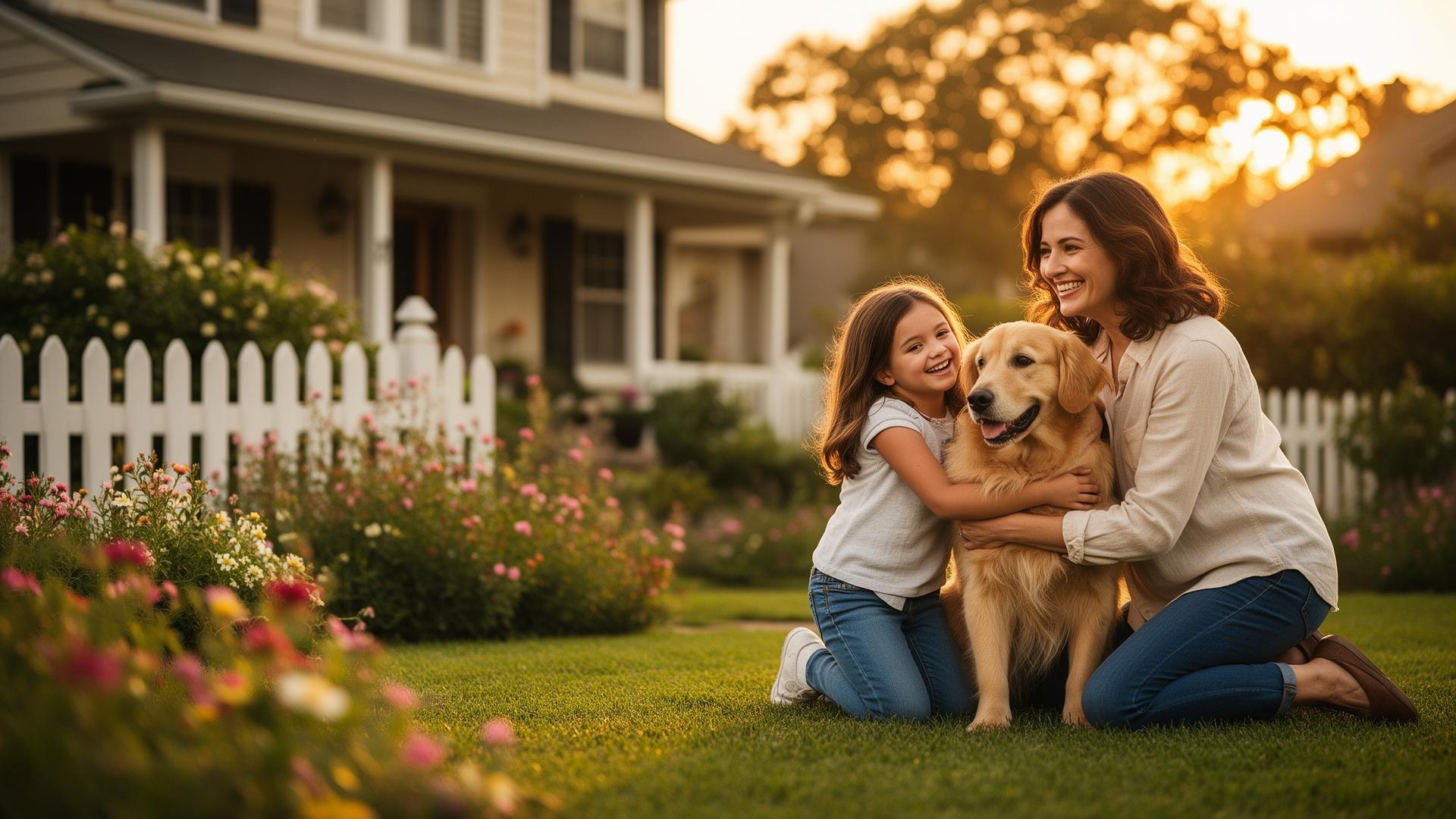 A happy dog and cat sitting together on a neighborhood porch